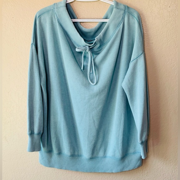 AERIE Seafoam Green Slouchy Drawstring Neck Off The Shoulder Sweatshirt Size S - Picture 2 of 4